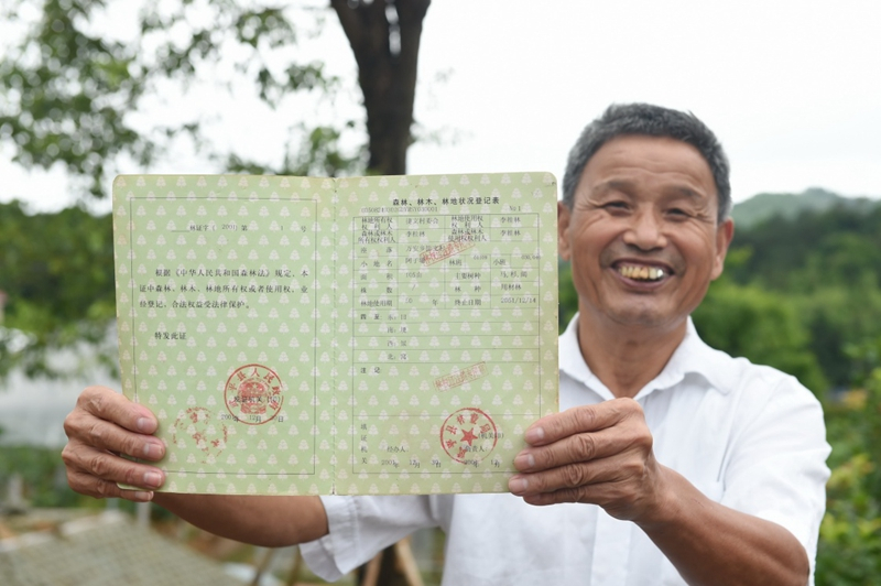 2017年6月13日，福建武平縣萬安鎮(zhèn)捷文村村民李桂林展示林權(quán)改革后領(lǐng)到的全國第一本新式林權(quán)證。