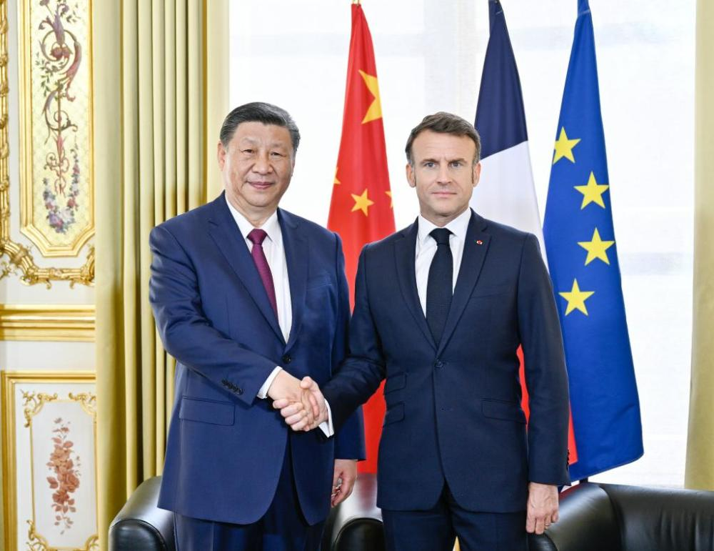當?shù)貢r間5月6日下午，國家主席習(xí)近平在巴黎愛麗舍宮同法國總統(tǒng)馬克龍舉行會談。新華社記者 殷博古 攝